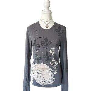 Y2K “Unlisted” Grey and White Fleur de lis Graphic Long Sleeve Top